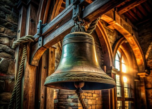 Bronze church bell, a macro close-up, swings within its ancient tower.