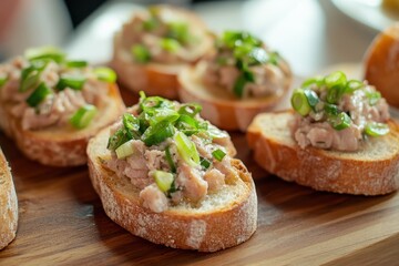 Wooden board with bruschetta topped with tuna p&acirc;t&eacute; green onion and fish rillettes
