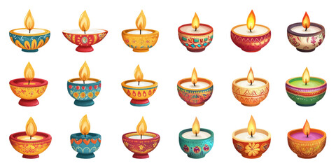 Set of Indian festival candles on white background.