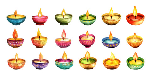 Set of watercolor Indian festival candles on white background.