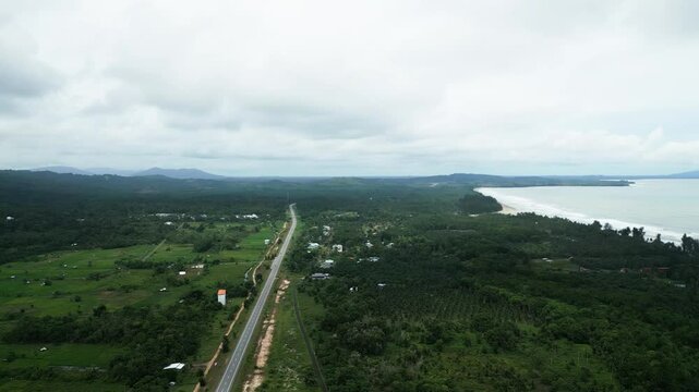 Beautiful Drone View Of Sematan Beach,With Two Small Island And Blue Sea,Sarawak,Borneo.