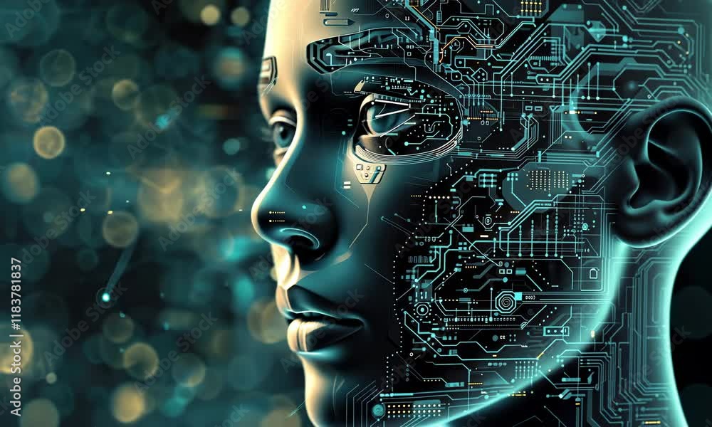 Poster digital illustration of humanoid robot with circuitry design and blue tones signifying advanced tech