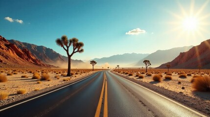 Asphalt ribbon cutting through a sun-drenched desert landscape, flanked by rugged mountains and hardy desert flora under a brilliant sky.