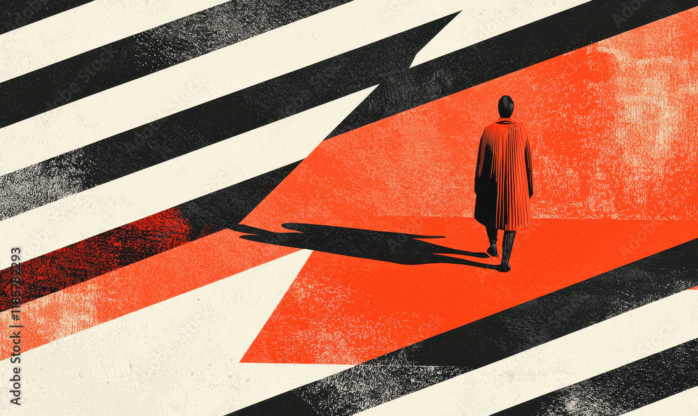 Aufkleber abstract modern art with red and black geometric patterns and figure in cloak