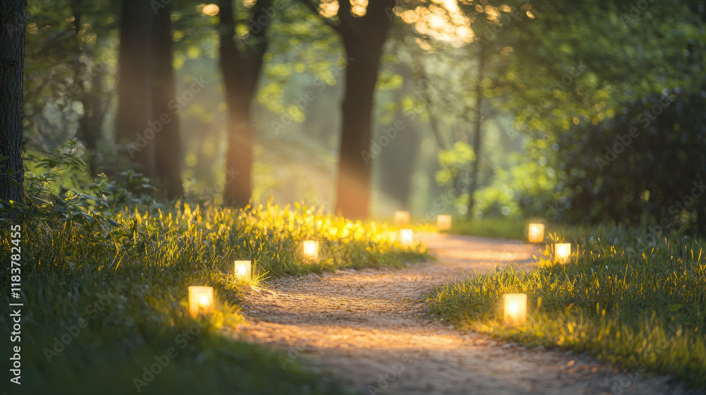 Poster serene forest path illuminated by glowing lanterns, surrounded by lush greenery and soft sunlight