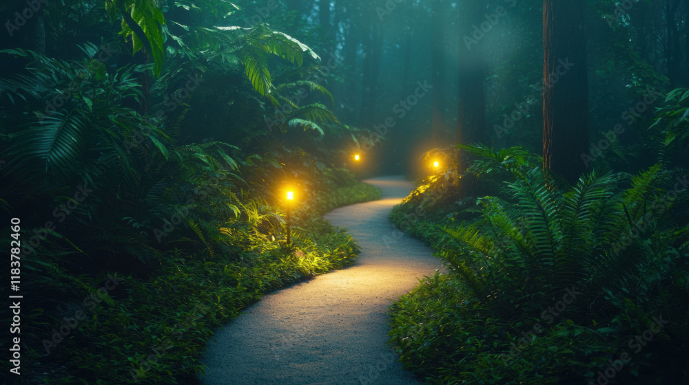 Poster serene forest path illuminated by glowing lanterns, surrounded by lush greenery and ferns, creates t