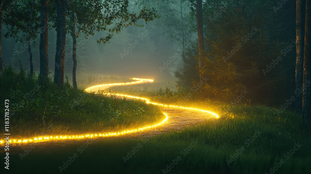 Poster glowing path winds through misty forest, surrounded by trees and grass. enchanting scene evokes sens