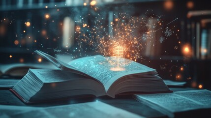 Leadership concept imagery, textbook knowledge base, minimalist box design, luminous thought visualization, mathematical formula background, educational doodle elements, professional still life