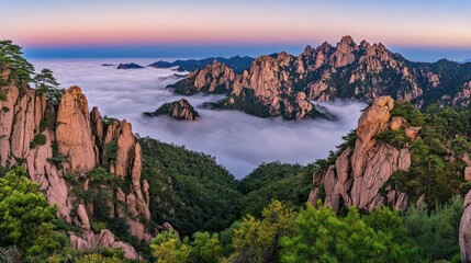Majestic Sunrise over Huangshan Mountains, China: A Panoramic View of Misty Peaks and Verdant Valleys