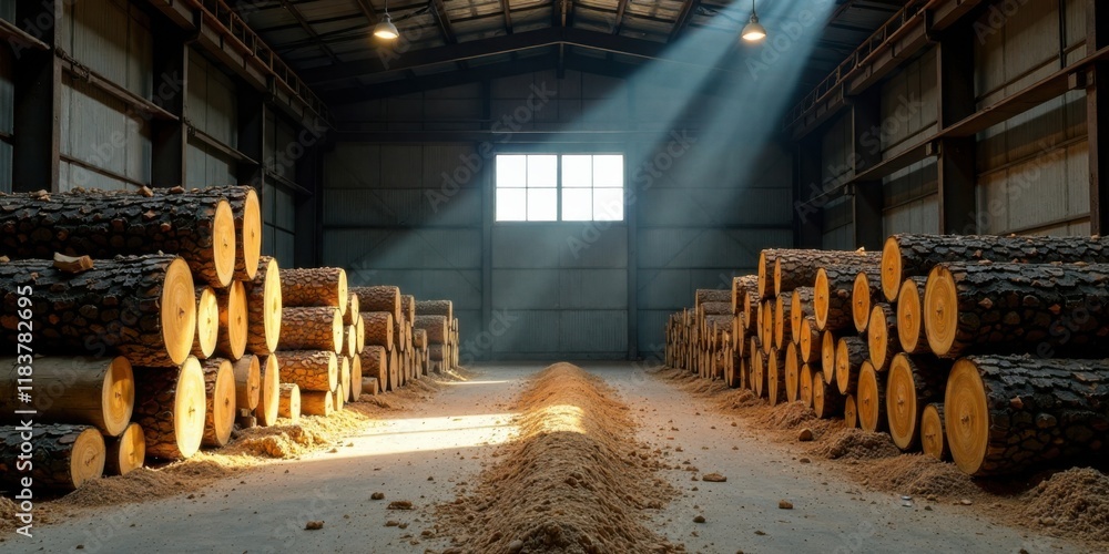 Poster sunbeams illuminate stacks of lumber in a spacious warehouse
