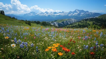 Fototapeta premium Alpine Meadow with Majestic Mountain Range
