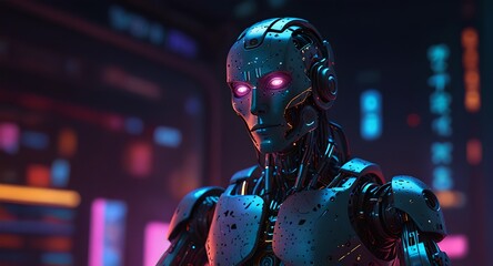 Naklejka premium A robot meditates under neon lights in a futuristic city, surrounded by digital symbols and glowing code around its eyes. 