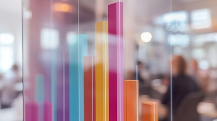 A colorful D bar chart on a transparent screen, showing financial performance over time, with blurred office workers in the background.