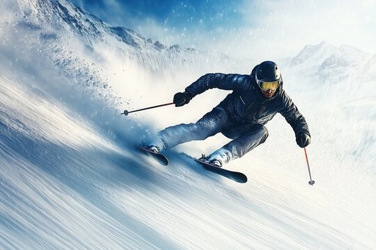 Action illustration of a professional skier going down a slope in the high mountains, with snow raised behind him as he speeds down the slope.