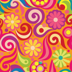 Seamless 60s Psychedelic Swirl Vector Pattern with Bold Retro Motifs