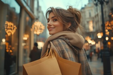 Happy woman with shopping bags looking at store windows while walking through city. Generative AI