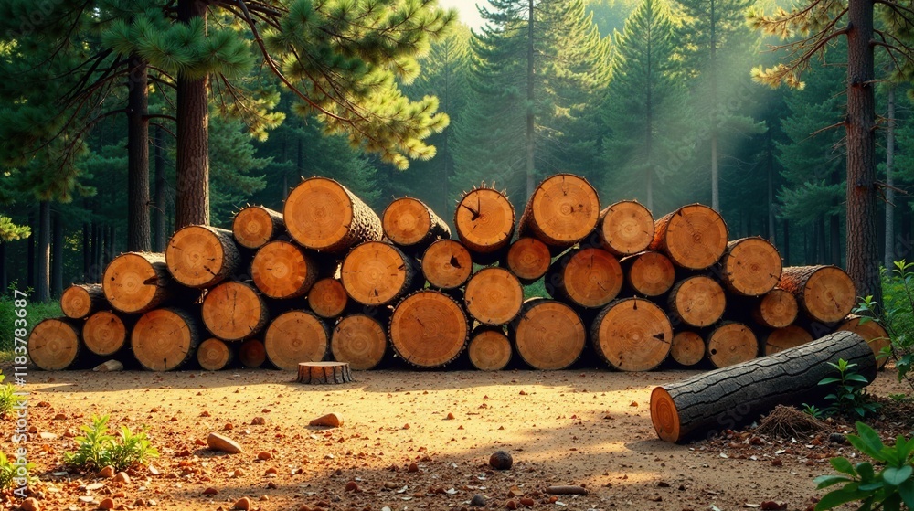 Aufkleber sunlit forest lumber pile neatly stacked logs in a pine grove