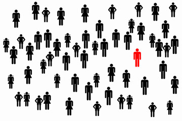Eine große Gruppe von Menschen in einer Gesellschaft und eine Person ist Außenseiter in rot dargestellt