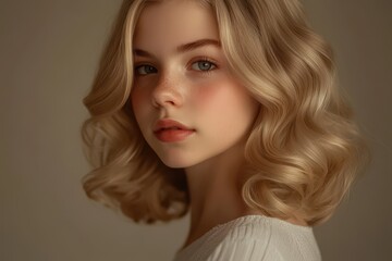 Fototapeta premium Attractive blonde girl with flawless curls and classic makeup Studio photo