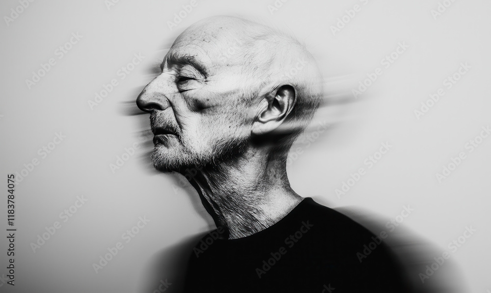 Poster monochrome portrait of elderly man with motion blur effect creating surreal and thoughtful mood