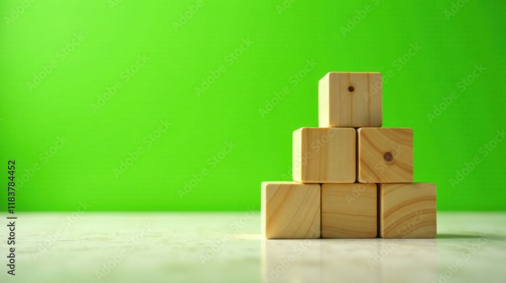 Poster Simple Wooden Blocks Arranged in a Pyramid Shape Against a Vibrant Green Background