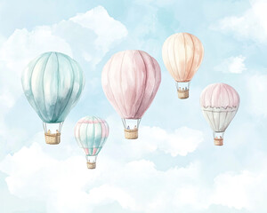 Obraz premium Soft Watercolor of Colorful Hot Air Balloons Floating in the Sky