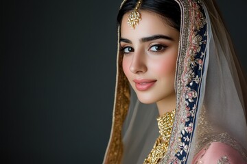 Beautiful Indian bride in a traditional lehenga and ornate gold jewelry smiles gently under studio lights showcasing wedding fashion