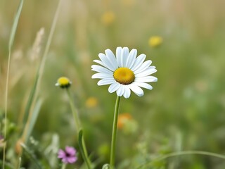 Obraz premium daisy flower in the grass. daisy in the grass. Daisy Meadow. Isolated single white yellow common daisy flower plant in a green grass field