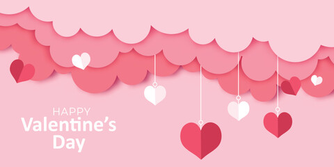 Happy Valentines day banner design with paper cut cloud with hanging love style border frame decoration