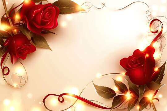 Elegant Valentine's Day background with red roses, golden leaves, and lighted strings on a white backdrop, featuring a rose border on the right side, creating a romantic and festive atmosphere.