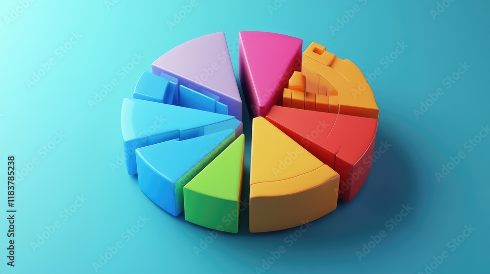 Poster a creative representation of a d pie chart made from colorful blocks, symbolizing diverse data categ
