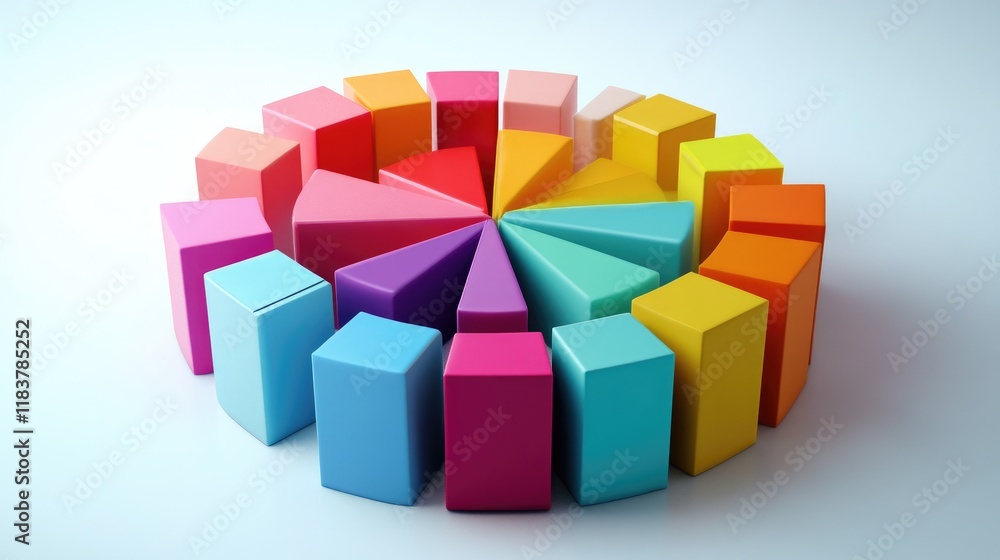 Poster a creative representation of a d pie chart made from colorful blocks, symbolizing diverse data categ