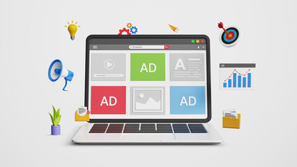 Digital marketing strategy, online advertisement, promotion or campaign concept. Content and ads dashboard on 3D laptop screen with marketing icons