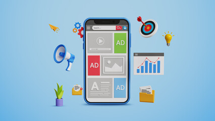 Digital or content marketing, Organic website traffic, SEO optimization or audience reach strategy. Online advertising website interface on 3D mobile phone with marketing icons