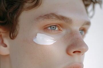 Closeup of a young man applying skincare cream on his face against a white backdrop