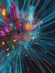 Colorful streaks of energy radiate from a central point, creating a captivating abstract display. The vertical composition emphasizes movement and intensity, suggesting digital vitality