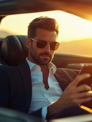 A well-dressed man relaxes in a luxury car, wearing sunglasses as he engrosses himself in his smartphone. The golden sunset creates a warm ambiance, emphasizing leisure and elegance