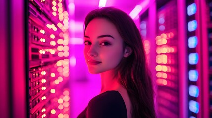 A young woman DBA standing in front of a large server room, surrounded by rows of servers and blinking lights