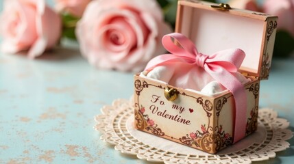 Romantic Gift Box with Pink Roses and Ribbon
