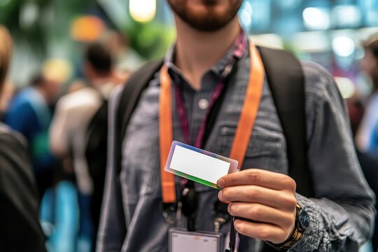 Individual at an event displaying a blank ID card on a lanyard