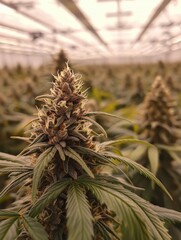 Obraz premium Healthy cannabis plants flourish in a well-lit greenhouse, showcasing rich green leaves and dense buds. This environment supports optimal growth for the plants