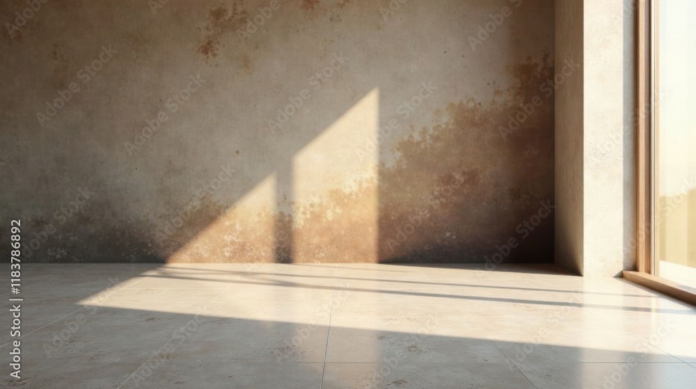 Poster empty room with textured wall and sunlight streaming through window