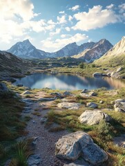 A peaceful lake nestled among majestic mountains reflects the clear blue sky and wispy clouds. Lush greenery and rocky paths enhance the tranquil atmosphere of this natural setting
