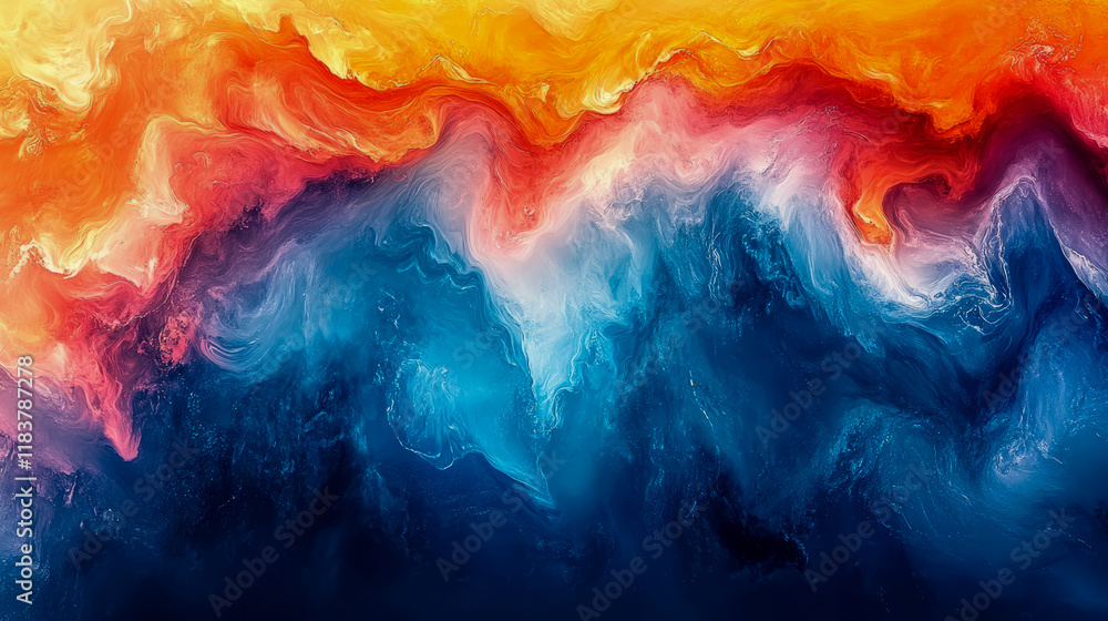 Poster abstract swirling colors: a fiery orange and red gradient transitions into a cool blue and deep navy