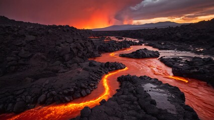 Fototapeta premium Fiery Sky Reflects on Lava-Like Glowing River in Volcanic Terrain