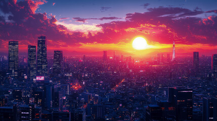 Fototapeta premium Stunning Sunset over a Futuristic Cityscape: A Breathtaking Digital Illustration