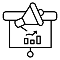 Sleek marketing lineal icon showcasing elements like megaphones, charts, or targets. Ideal for representing branding, campaigns, advertising, and promotional strategies in digital or business designs.
