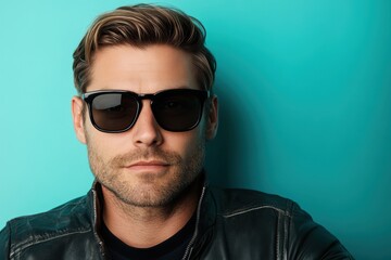 Obraz premium Portrait of a handsome man in black sunglasses against a vivid blue backdrop