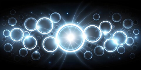 "Dark Abstract Black Background with Glowing White Circles and Neon Glow Lines