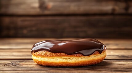 Delicious Chocolate Glazed Donut on Rustic Wooden Table